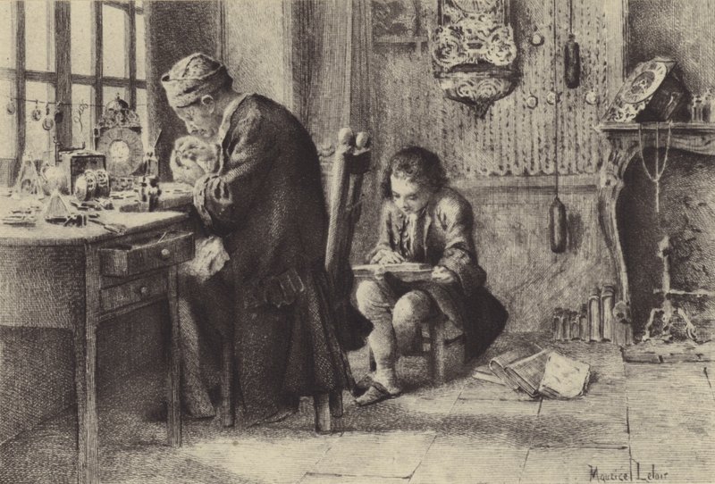 Nuori Jean-Jacques Rousseau lukee, kun hänen isänsä työskentelee (syväpaino) tekijältä Maurice Leloir
