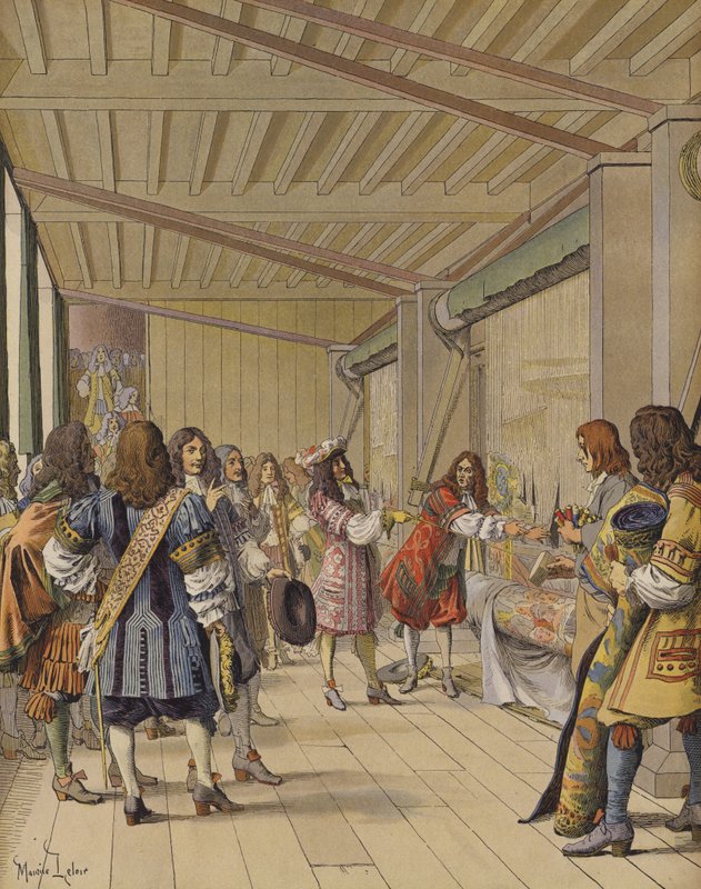 Kuningas Ludvig XIV:n vierailu Gobelinsissa, Lebrun näyttää hänelle työpajoja tekijältä Maurice Leloir