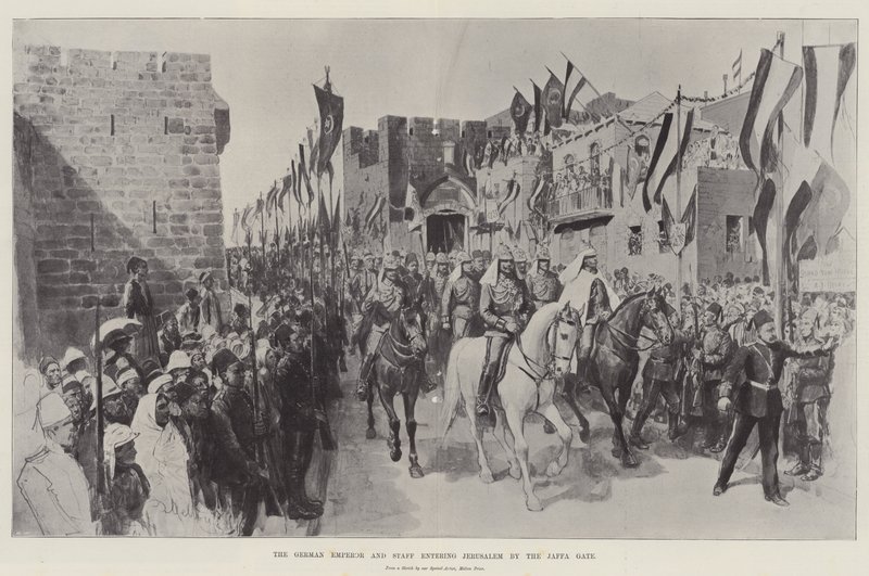 Saksan keisari ja esikunta saapumassa Jerusalemiin Jaffan portin kautta tekijältä Melton Prior
