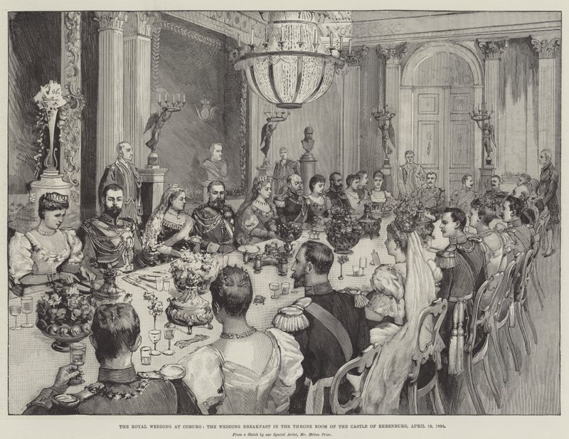 Kuninkaalliset häät Coburgissa, hääaamiainen Ehrenburgin linnan valtaistuinsalissa, 19. huhtikuuta 1894. tekijältä Melton Prior