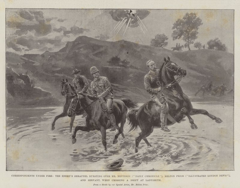 Kirjeenvaihtajat tulipalossa, vihollisen sirpaleet murtautuivat herra Nevinsonin (Daily Chronicle), Melton Priorin (Illustrated London News) ja palvelijan yli ylittäessään Driftin Ladysmithissa tekijältä Melton Prior