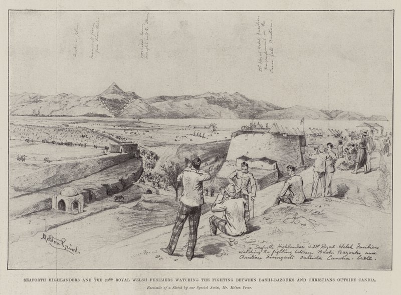 Seaforth Highlanders ja 23. Royal Welsh Fusiliers katsomassa taistelua Bashi-Bazoukien ja kristittyjen välillä Candian ulkopuolella tekijältä Melton Prior