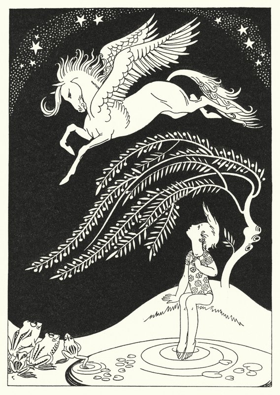 Alaspäin tuli Pegasus, leveissä ympyröissä (väri litho) tekijältä Merlyn Mann