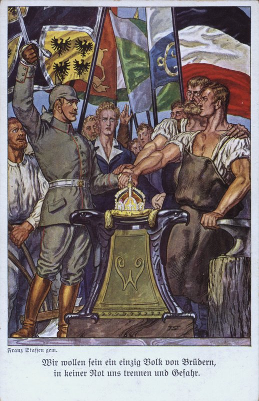 Saksan kansojen yhtenäisyys, propagandapostikortti (värilitho) tekijältä Mesopotamian