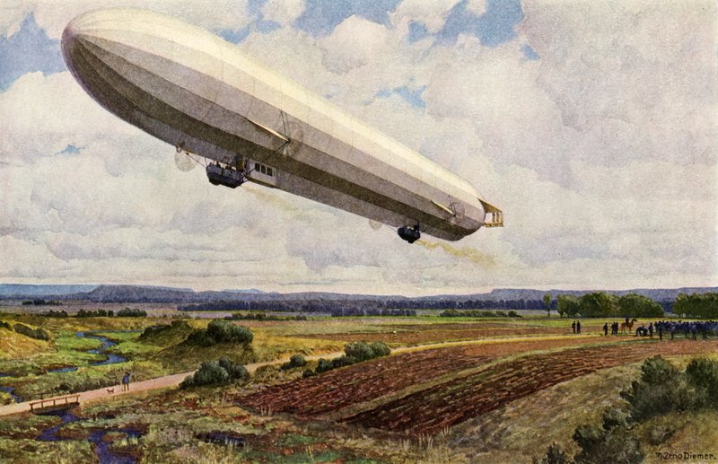 Saksalaisen armeijan Zeppelin-ilmalaivan nousu (väri litho) tekijältä Michael Zeno Diemer