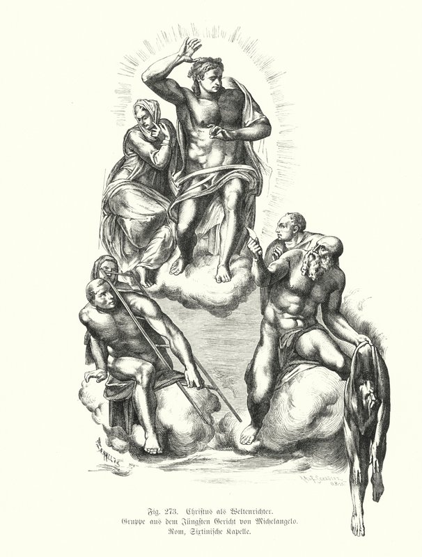 Tuomari Kristus, yksityiskohta Michelangelon viimeisestä tuomiosta, maalaus Sikstuksen kappelin alttariseinällä, Pietarinkirkko, Rooma, Italia (kaiverrus) tekijältä Michelangelo (after) Buonarroti