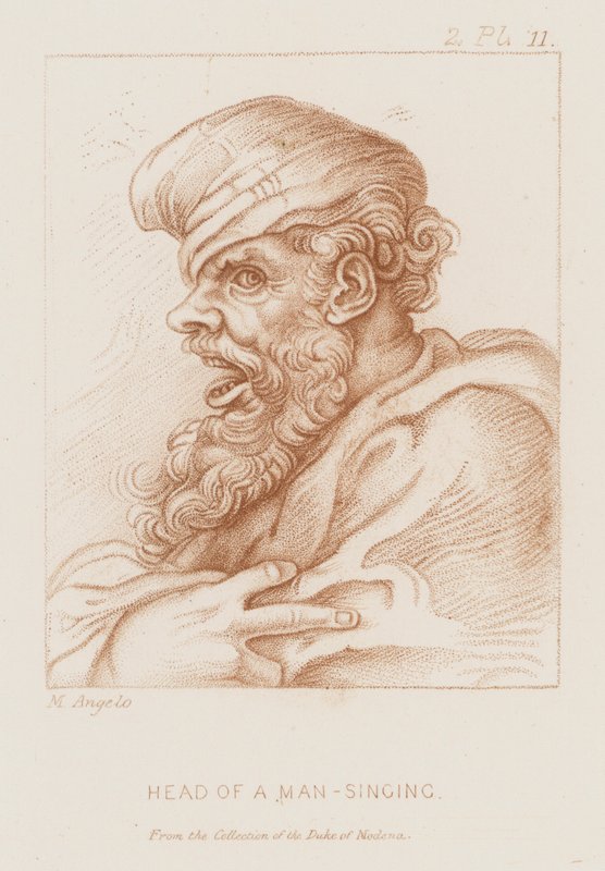 Laulavan miehen pää (etsaus) tekijältä Michelangelo (after) Buonarroti