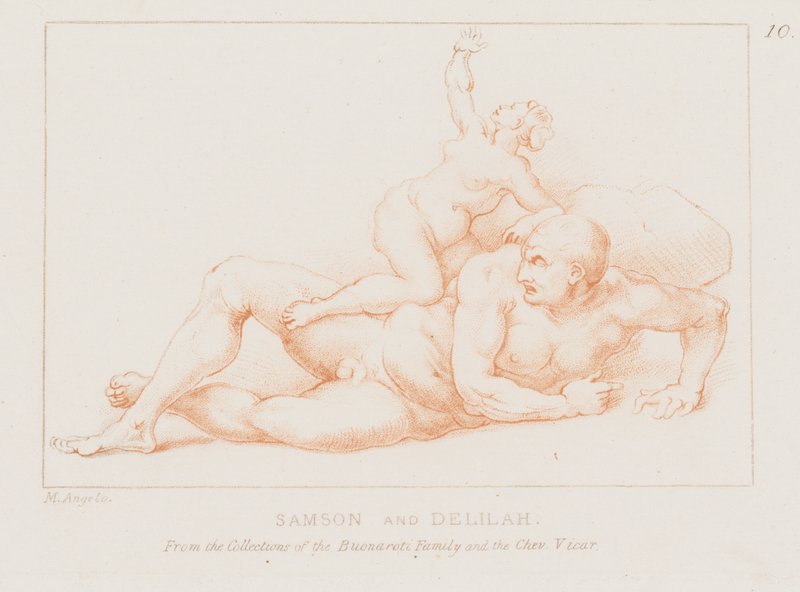 Simson ja Delilah (etsaus) tekijältä Michelangelo (after) Buonarroti