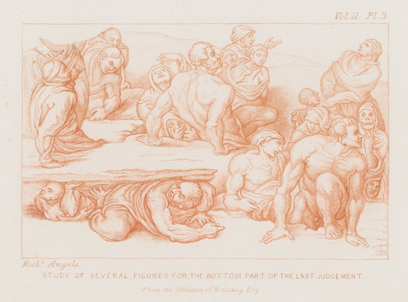 Tutkimus useista hahmoista Viimeisen tuomion alaosassa (etsaus) tekijältä Michelangelo (after) Buonarroti