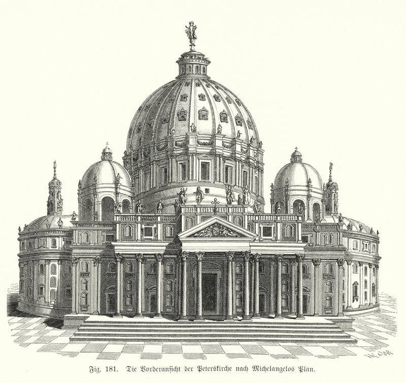 Näkymä Michelangelon suunnitelmasta Pietarinkirkon julkisivulle, Rooma, Italia (kaiverrus) tekijältä Michelangelo (after) Buonarroti
