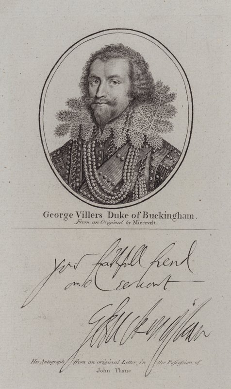 George Villiers Buckinghamin herttua, englantilainen hoviherra, poliitikko ja kuningas James I:n suosikki (kaiverrus) tekijältä Michiel Janszoon van (after) Miereveldt