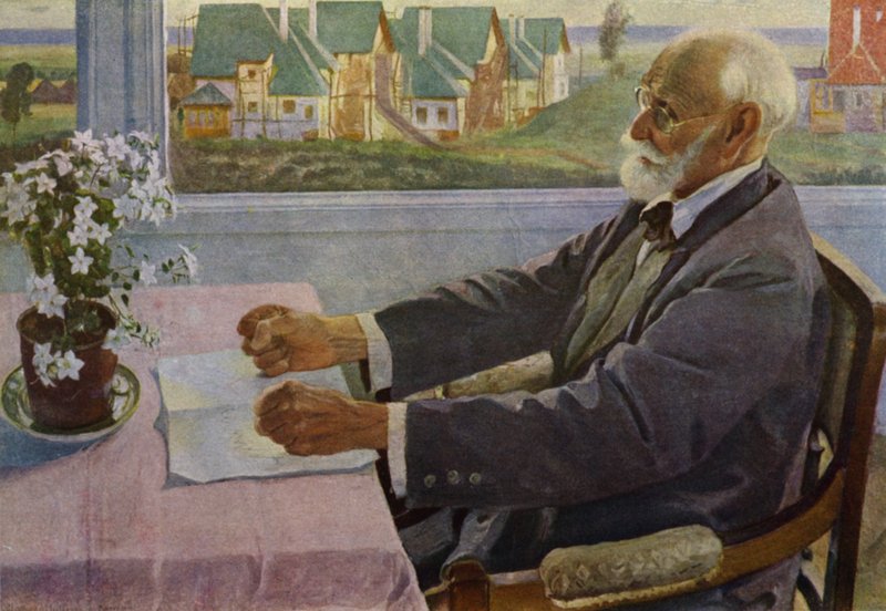 Muotokuva venäläisestä fysiologista Ivan Pavlovista (värinen lito) tekijältä Mikhail Vasilievich Nesterov