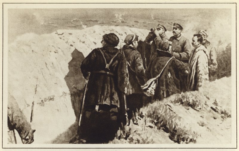Bolshevikkikomentajat Josif Stalin ja Kliment Vorošilov Tsaritsynin juoksuhaudoissa, Venäjän sisällissota, 1918 tekijältä Mitrofan Borisovic Grekov