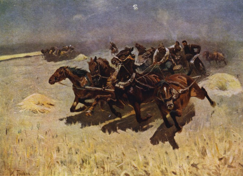 Tachanka (konekivääri asennettu hevoskärryyn) (väri litho) tekijältä Mitrofan Borisovic Grekov