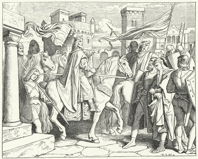 Kaarle astumassa Paviaan, 774 (kaiverrus) tekijältä Moritz Ludwig von Schwind