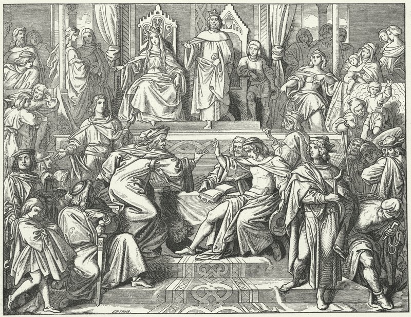 Sangerkrieg, pappilaisten välinen kilpailu Wartburgin linnassa Thüringenissä vuonna 1207 (kaiverrus) tekijältä Moritz Ludwig von Schwind