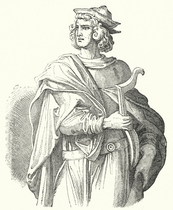 Walther von der Vogelweide, keskiyläsaksalainen lyriikka (kaiverrus) tekijältä Moritz Ludwig von Schwind