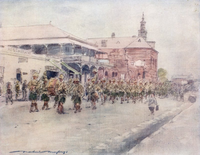 Highlanders marssimassa Bloemfonteinin läpi tekijältä Mortimer Ludington Menpes