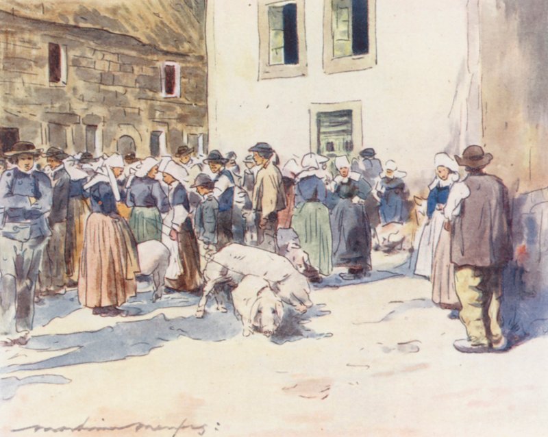 Sikamarkkinat (värilitro) tekijältä Mortimer Ludington Menpes