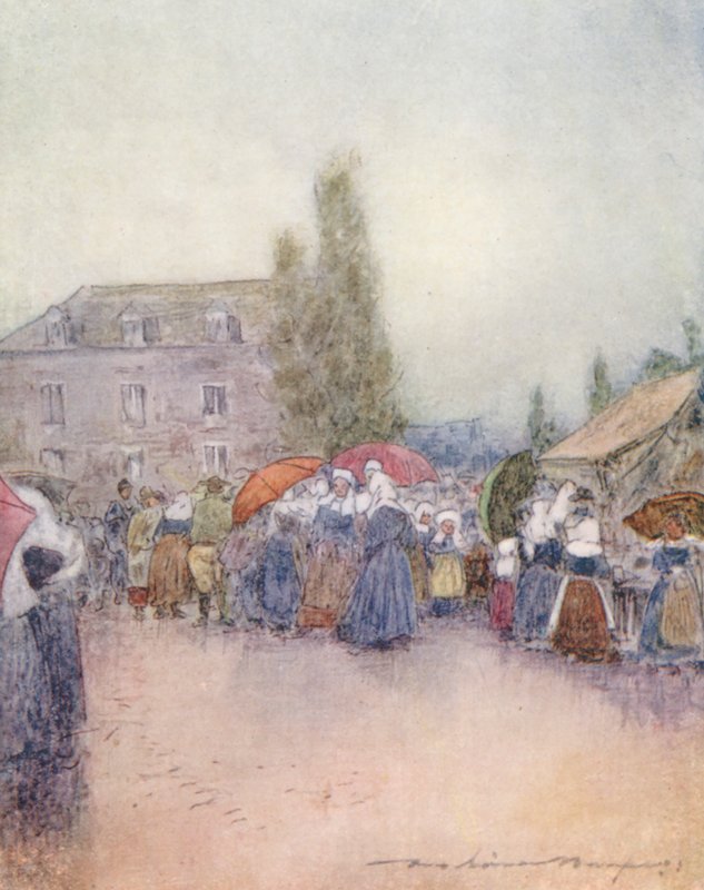 Sateinen päivä messuilla (värilitografia) tekijältä Mortimer Ludington Menpes