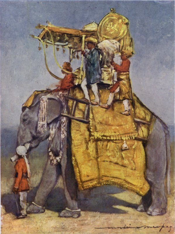 Valtionnorsu kaikissa varusteissaan (väri litho) tekijältä Mortimer Ludington Menpes