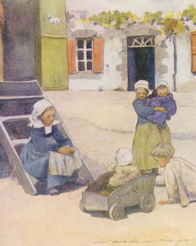 Leikkiminen "Place"-paikalla, Pont-Aven (värilitografia). tekijältä Mortimer Ludington Menpes