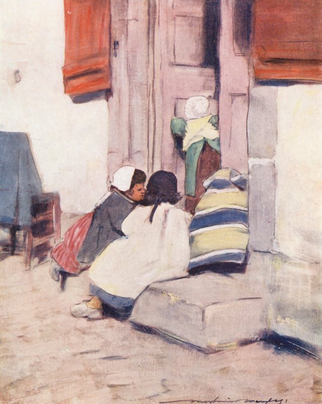 Maailman lapset: Breton, Playing Shop (värilitografia). tekijältä Mortimer Ludington Menpes