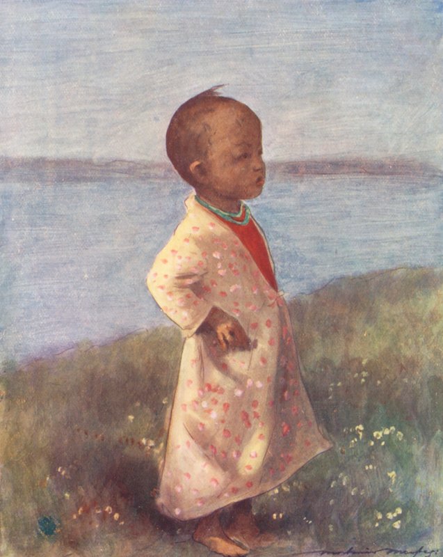 Maailman lapset: Burmalainen, seisoo varuillaan (värilitografia): Burmalainen, seisoo varuillaan (värilito). tekijältä Mortimer Ludington Menpes