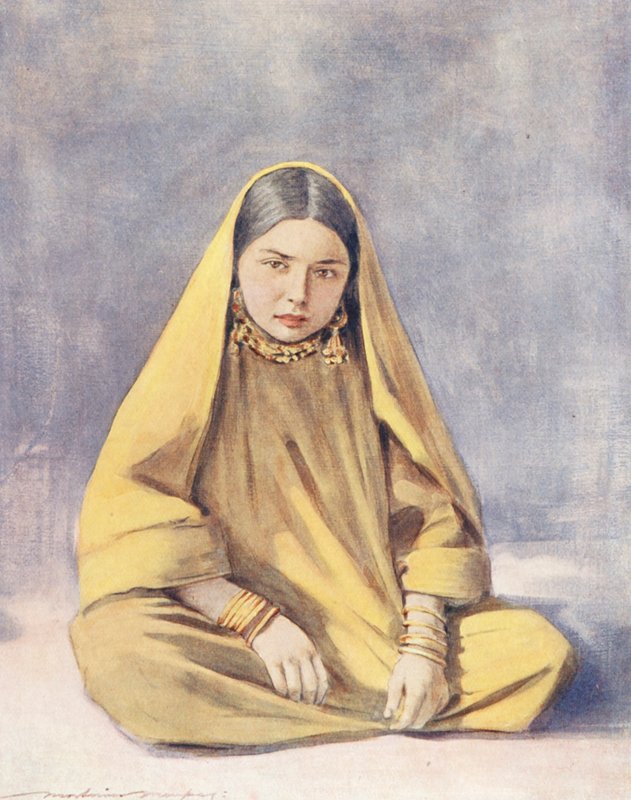 Maailman lapset: Cashmere, A Stolid Sitter (värilitografia). tekijältä Mortimer Ludington Menpes