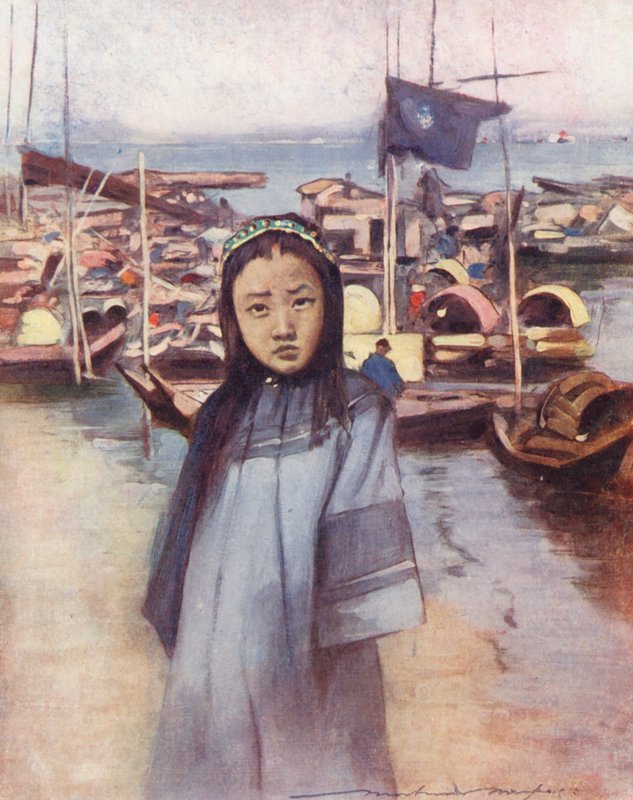 Maailman lapset: Bargee Girl (värilitografia). tekijältä Mortimer Ludington Menpes