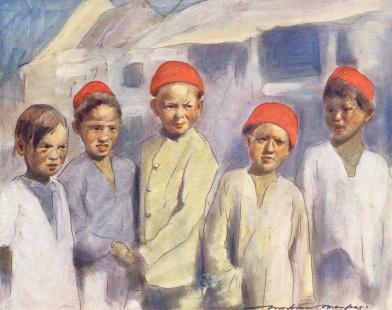 Maailman lapset: Cingalese, Watching the Race (värillinen litografia). tekijältä Mortimer Ludington Menpes