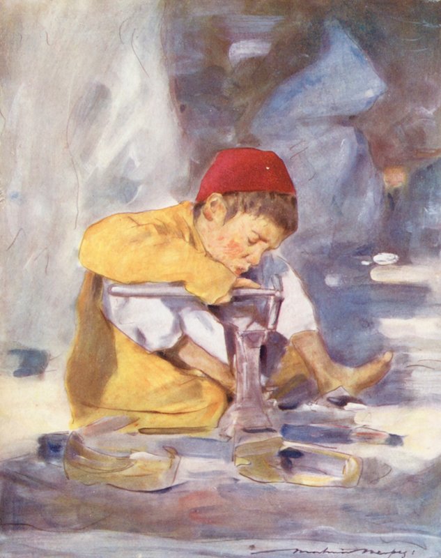 Maailman lapset: Indian, A Young Worker (värilitografia). tekijältä Mortimer Ludington Menpes
