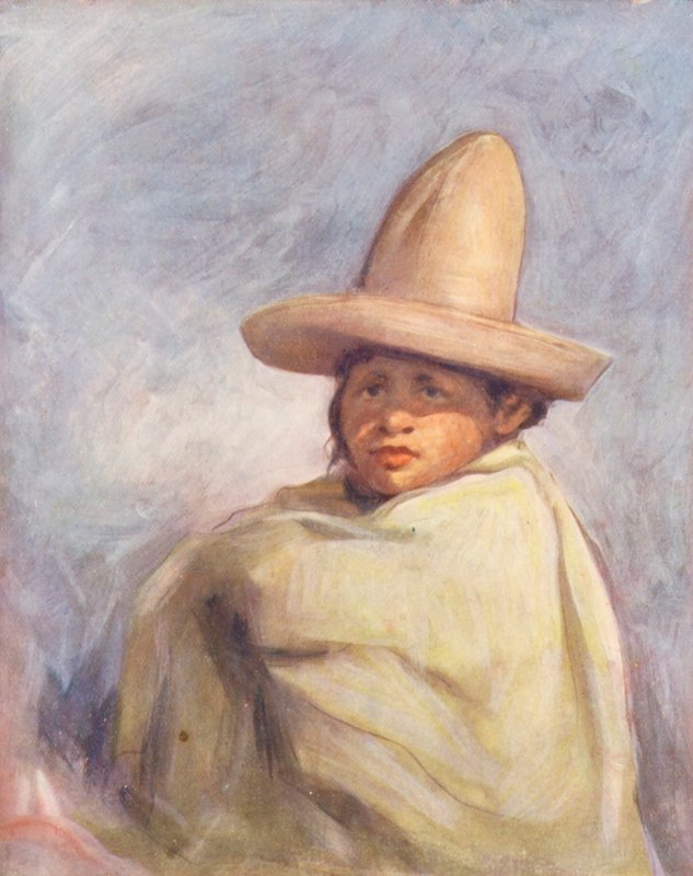 Maailman lapset: Pueblassa (värilitografia). tekijältä Mortimer Ludington Menpes