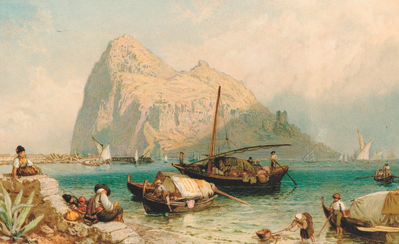Gibraltarin kallio, Algecirasista (väri litho) tekijältä Myles Birket (after) Foster