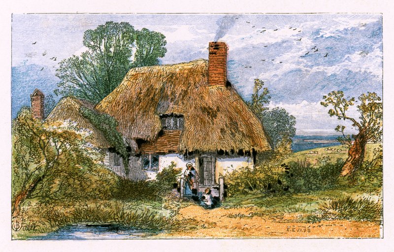 Kuvitus "Autioitu kylä" tekijältä Myles Birket Foster