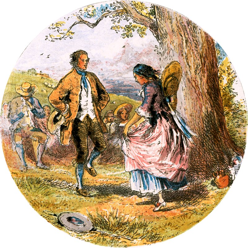 Kuvitus "Autioitu kylä" tekijältä Myles Birket Foster