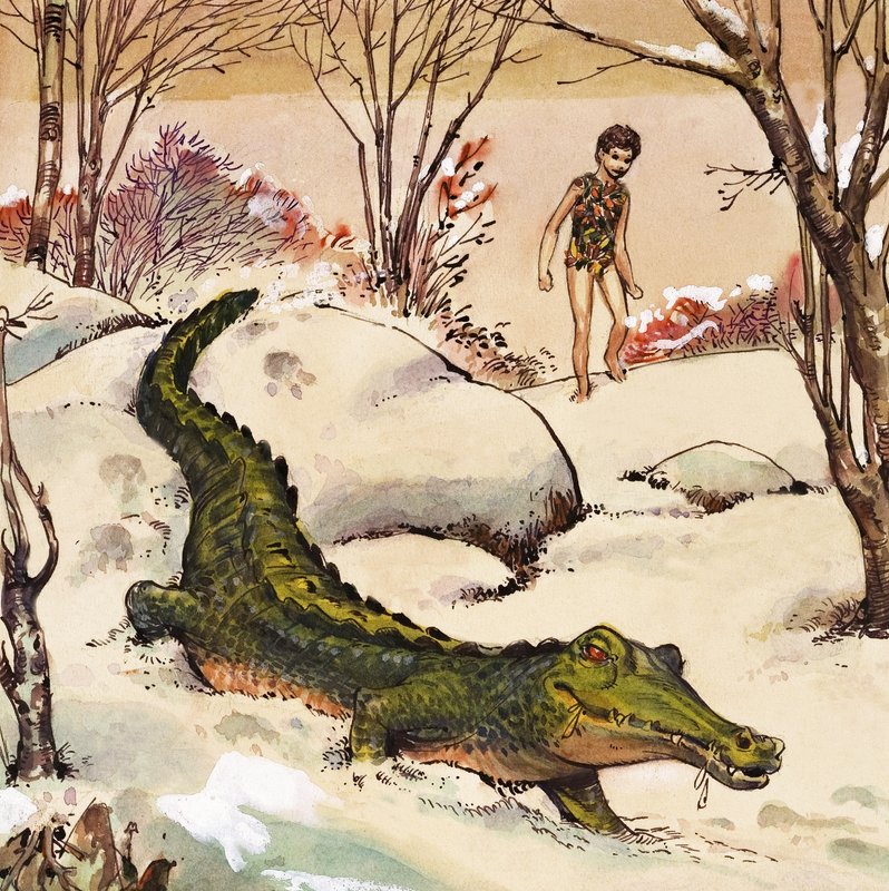 Peter seuraa krokotiilia, kuvitus J.M. Barrien Peter Pan -teoksesta (guassi paperille). tekijältä Nadir Quinto