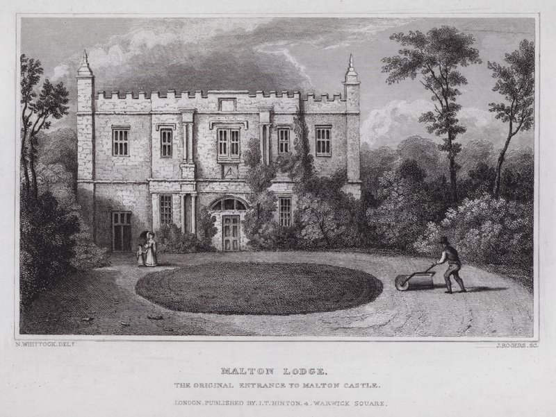 Malton Lodge, alkuperäinen sisäänkäynti Maltonin linnaan (kaiverrus) tekijältä Nathaniel (after) Whittock
