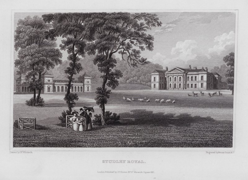 Studley Royal (kaiverrus) tekijältä Nathaniel (after) Whittock