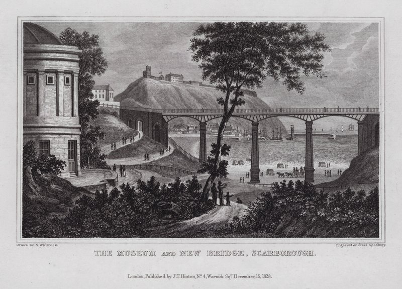 Museo ja uusi silta, Scarborough (kaiverrus) tekijältä Nathaniel (after) Whittock