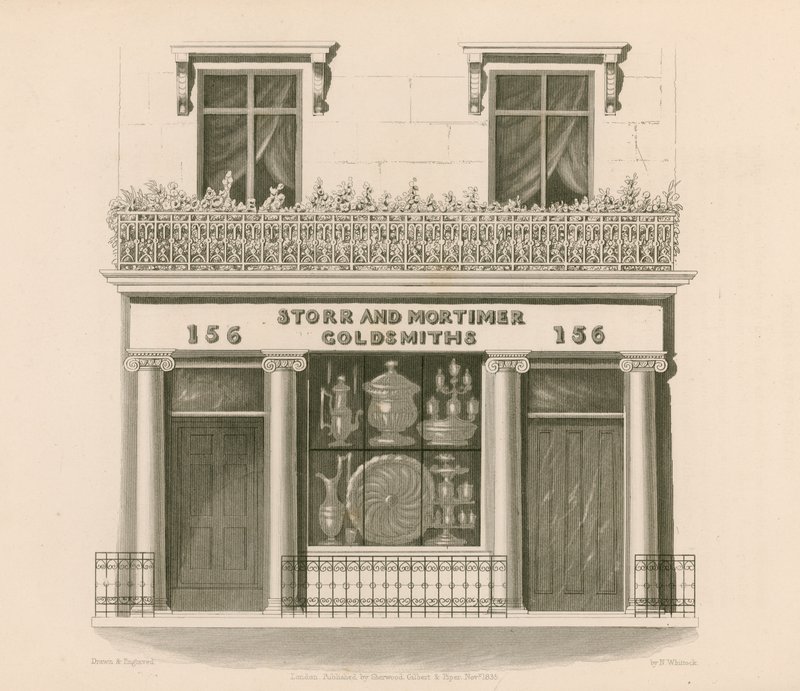 Herra Storr ja Mortimer, kultaseppien ja jalokivikauppiaiden ionistyylinen myymälä, nro 156, Bond Street, Lontoo tekijältä Nathaniel Whittock