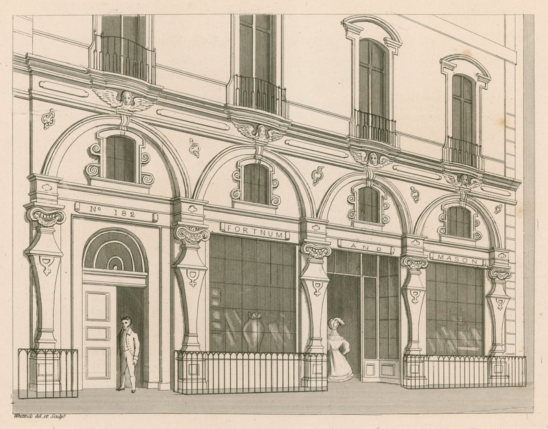 Fortnum and Masonin myymälän julkisivu, nro 182 Piccadilly, Lontoo. tekijältä Nathaniel Whittock