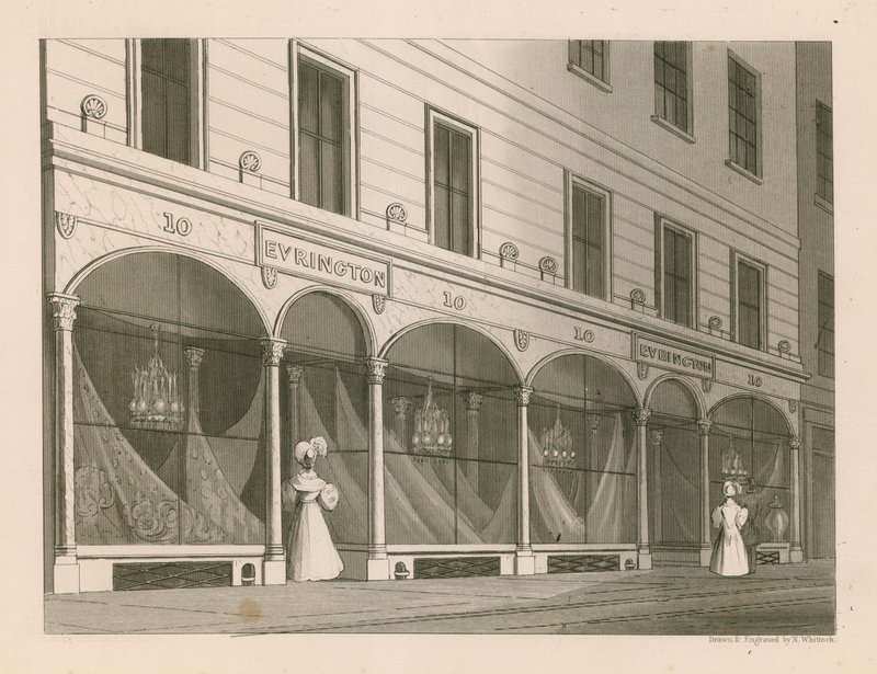 Messrs Everingtonin myymälä, Intian huivivarasto, 10 Ludgate Street, Lontoo tekijältä Nathaniel Whittock