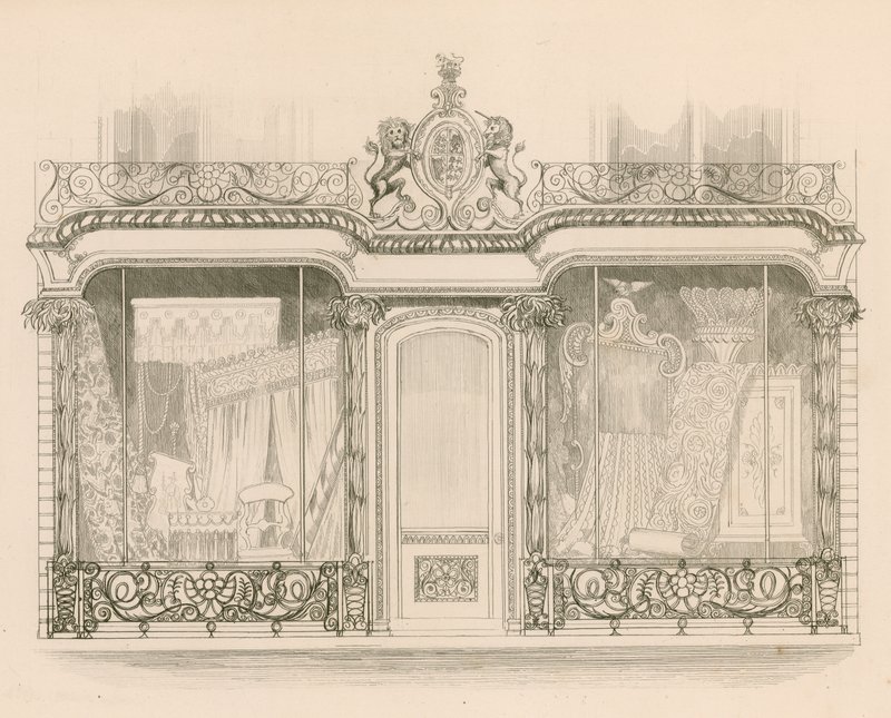 Myymälän edessä herrat Saunders ja Woodley, verhoilijoita, Regent Street, Lontoo tekijältä Nathaniel Whittock