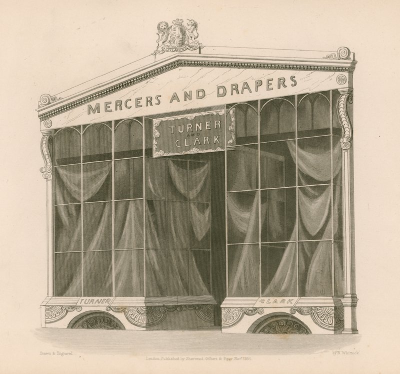 Turner ja Clark, Mercers and Drapers, Coventry Street, Lontoo tekijältä Nathaniel Whittock