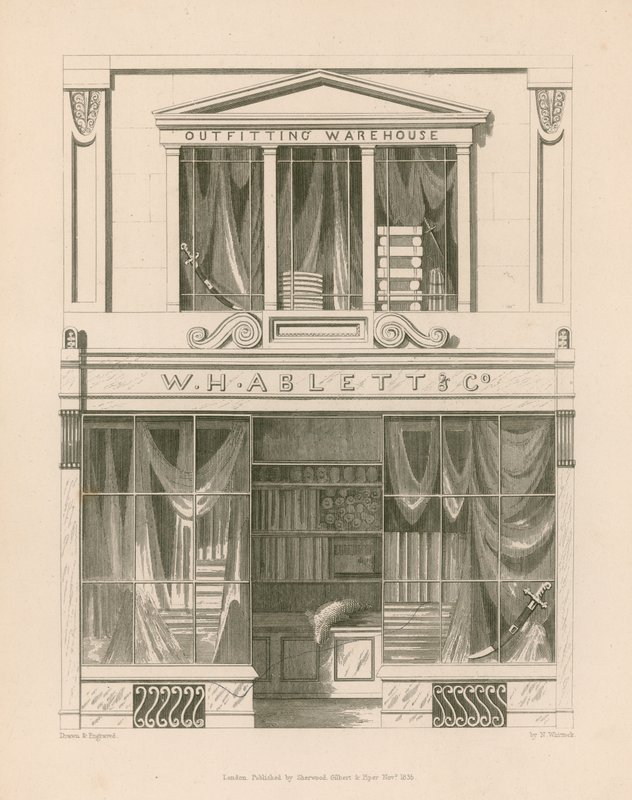 W H Ablettin varusteluvarasto, Cornhill, Lontoo tekijältä Nathaniel Whittock