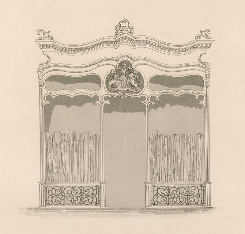 Ranskalaista Ludvig XIV -tyyliä edustava myymälän julkisivu Sangsterille, sateenvarjo- ja keppikauppiaille, Regent Street, Lontoo. tekijältä Nathaniel Whittock
