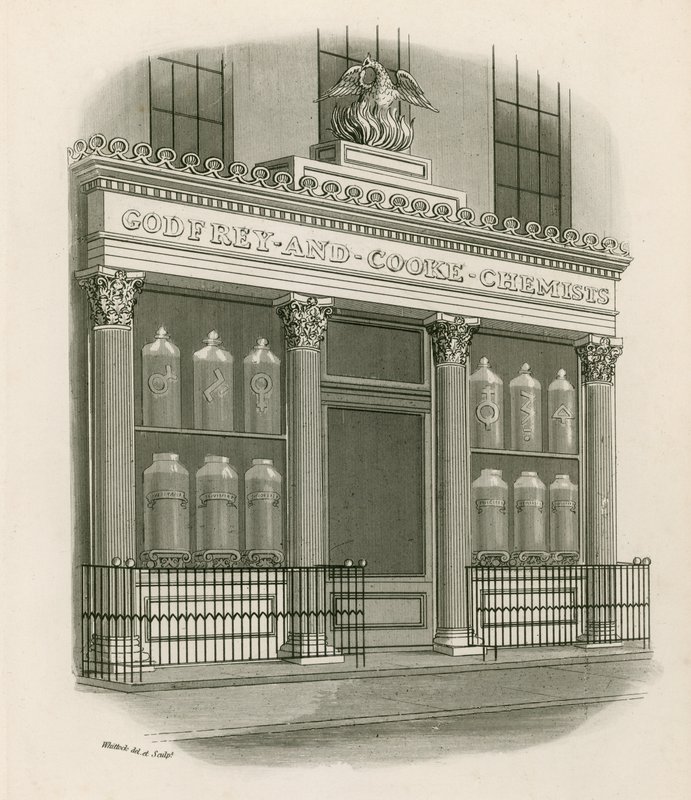 Kauppa edessä Godfrey and Cookessa, Chemists, Conduit Street, Lontoo tekijältä Nathaniel Whittock