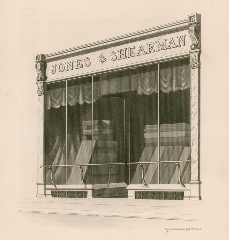 Jones and Shearmanin myymälän julkisivu, Blackfriars Road, Lontoo. tekijältä Nathaniel Whittock