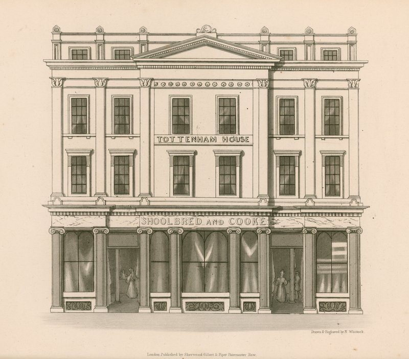 Shopin edessä Shoolbred and Cooke, Drapers, Tottenham Court Road, Lontoo tekijältä Nathaniel Whittock